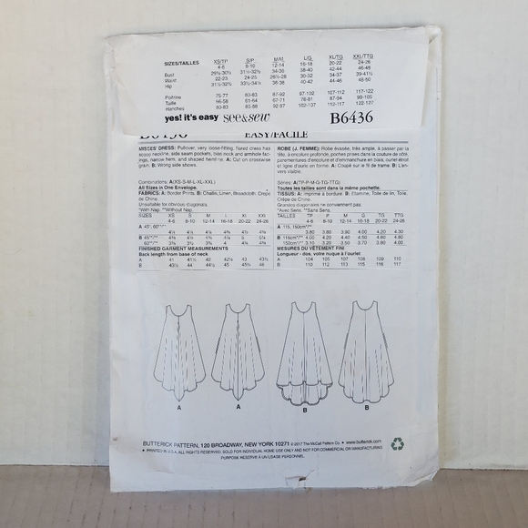 Butterick See & Sew Sewing Pattern B6436 Misses' Loose Fitting Dress - Uncut - Picture 4 of 6